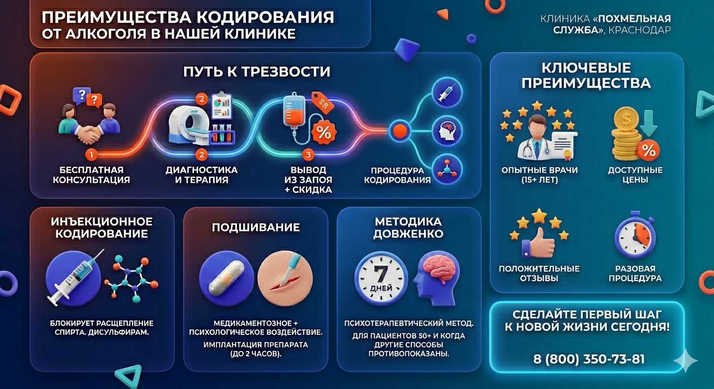 Инфографика о методах кодирования от алкоголя в Кропоткине: инъекции, подшивание, метод Довженко. Преимущества клиники и этапы лечения.