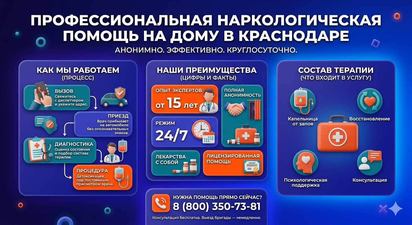 Инфографика о принципах лечения алкоголизма на дому в Кропоткине: этапы вызова нарколога, преимущества анонимной детоксикации и состав медицинской помощи.